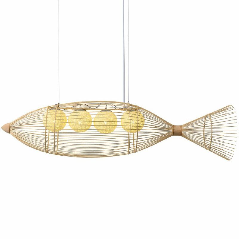 Contemporary Fish Chandelier Pendant Light Bamboo Tea Room Hanging Lighting in Wood