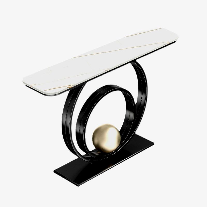 Glam Style Rectangle Top Accent Table with Stone Top and Irone Base for Hall