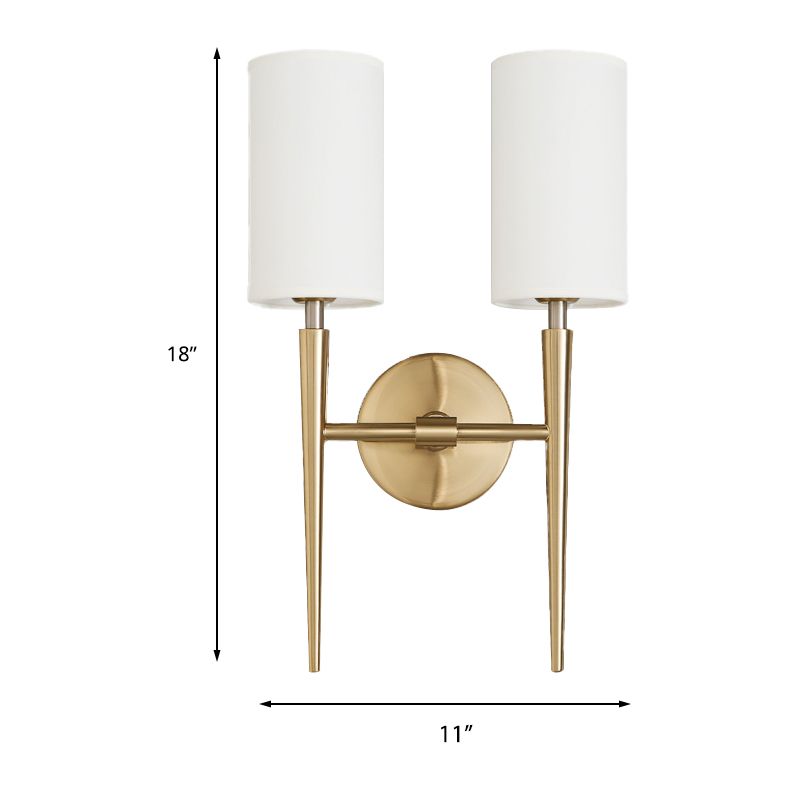 Metal Brass Wall Lamp Symmetric Cylinder 2-Light Modern Wall Mount Light Fixture with Fabric Shade for Bedroom