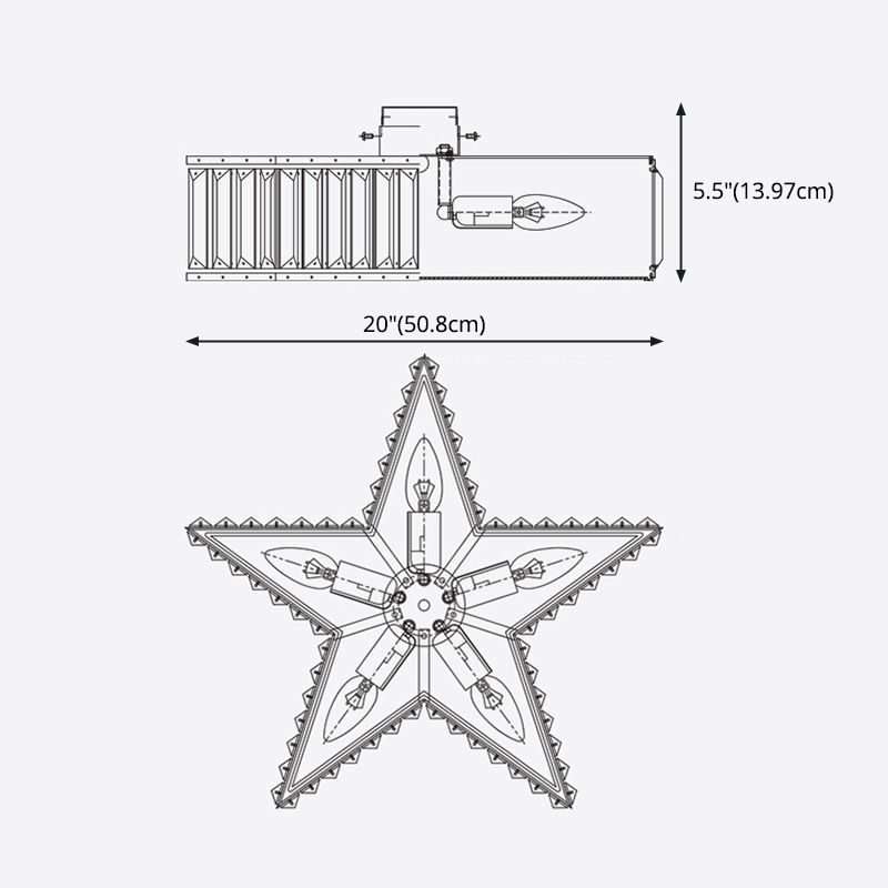 Plafonnier en forme d'étoile dorée, plafonnier à 5 lumières en cuivre de style créatif colonial avec abat-jour en cristal