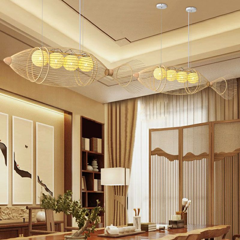 Contemporary Fish Chandelier Pendant Light Bamboo Tea Room Hanging Lighting in Wood