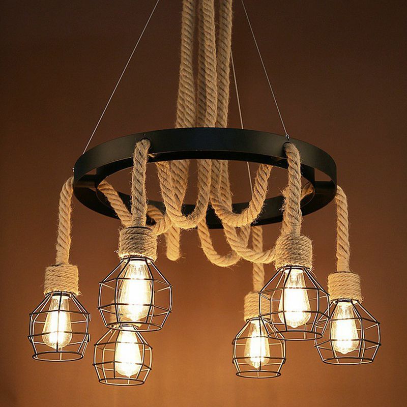 Black 6-Light Chandelier Industrial Iron Cage Pendant Light with Hemp Rope for Dining Room