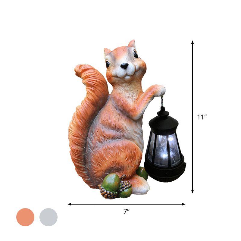 Squirrel Carrying Cone Lantern Path Light Cartoon Resin Orange/Grey Solar LED Ground Lamp for Garden