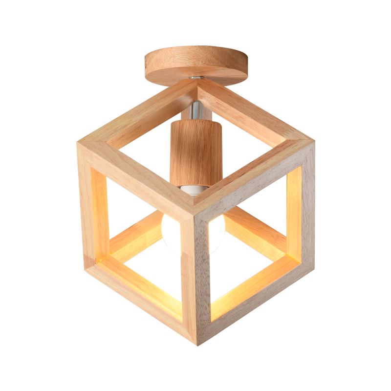 Houten kubus kooi semi-inbouwlamp Nordic 1 lamp beige plafondgemonteerde verlichtingsarmatuur voor gang