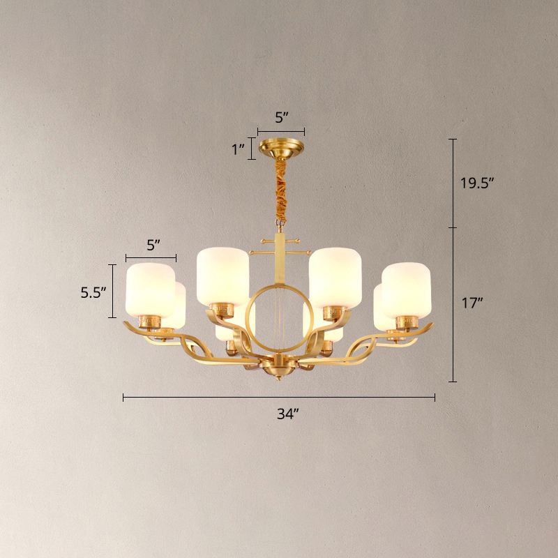 Chandelier Light Traditional Living Room Pendant Light with Cylinder Milk Glass Shade in Brass