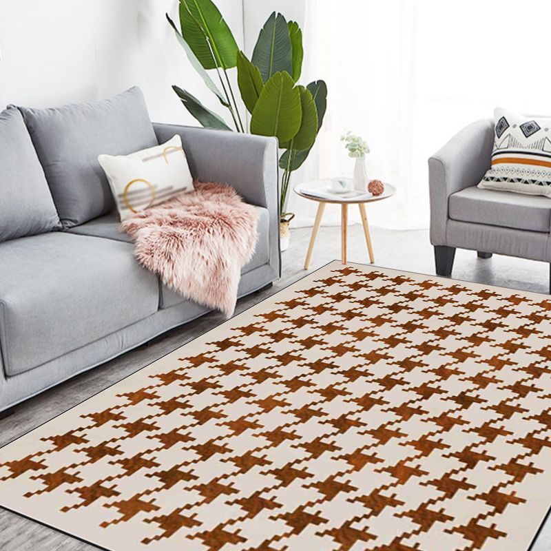 Modernist Houndstooth Pattern Rug Orange Red Polyester Rug Non-Slip Pet Friendly Washable Are Rug for Bedroom