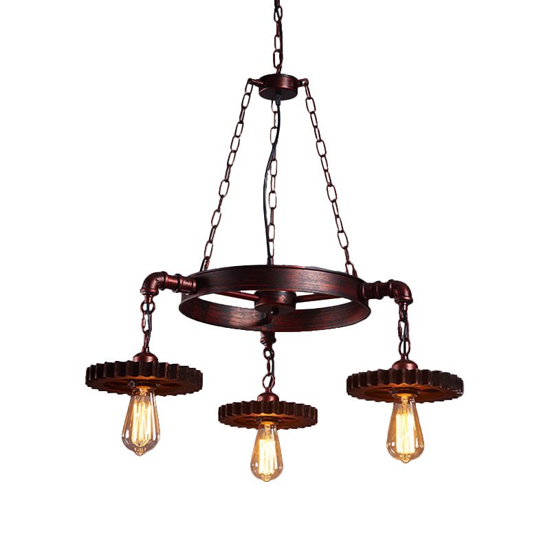 3/5/7 Heads Exposed Bulb Chandelier Light with Gear Deco Farmhouse Style Rust Metallic Ceiling Lamp for Bar