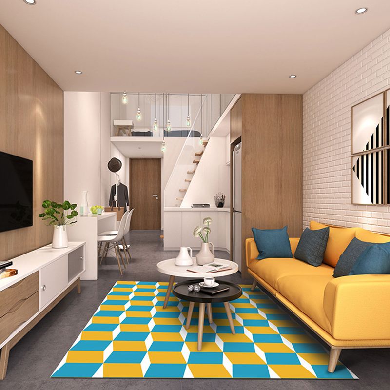 Modern Great Room Rug Multi-Color 3D Geometric Print Rug Carpet Synthetics Non-Slip Pet Friendly Washable Rug