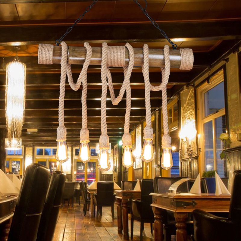 6-Light Hemp Rope Pendant Rustic Beige Exposed Bulb Restaurant Island Light