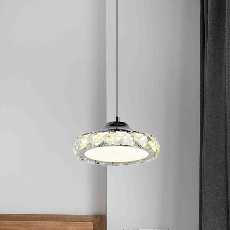 LED Faceted Crystal Ceiling Pendant Light Simplicity Chrome Circular Dining Room Suspension Lamp in Warm/White Light