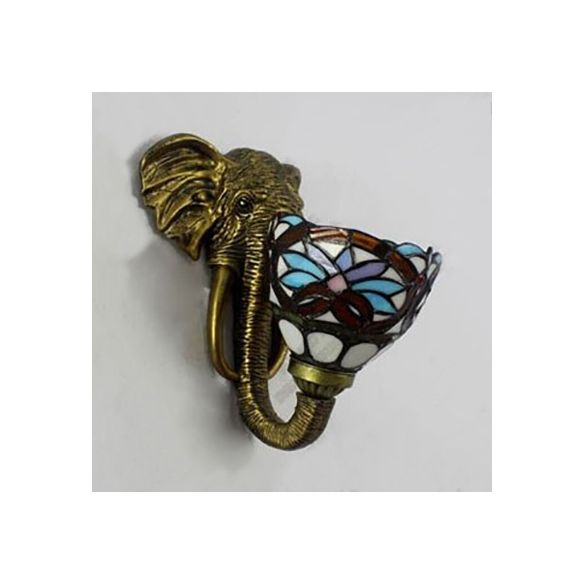 Bowl Sconce Lighting with Elephant Design and Flower/Morning Glory/Dragonfly/Blue Flower Pattern Lodge Style Stained Glass Wall Lamp in Brass