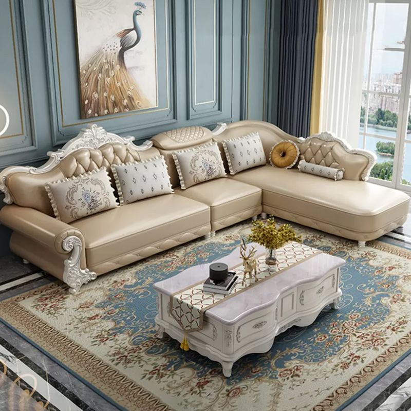 Tufted Scroll Arm Chesterfield Sofa and Chaise Genuine Leather Sofa with Pillows