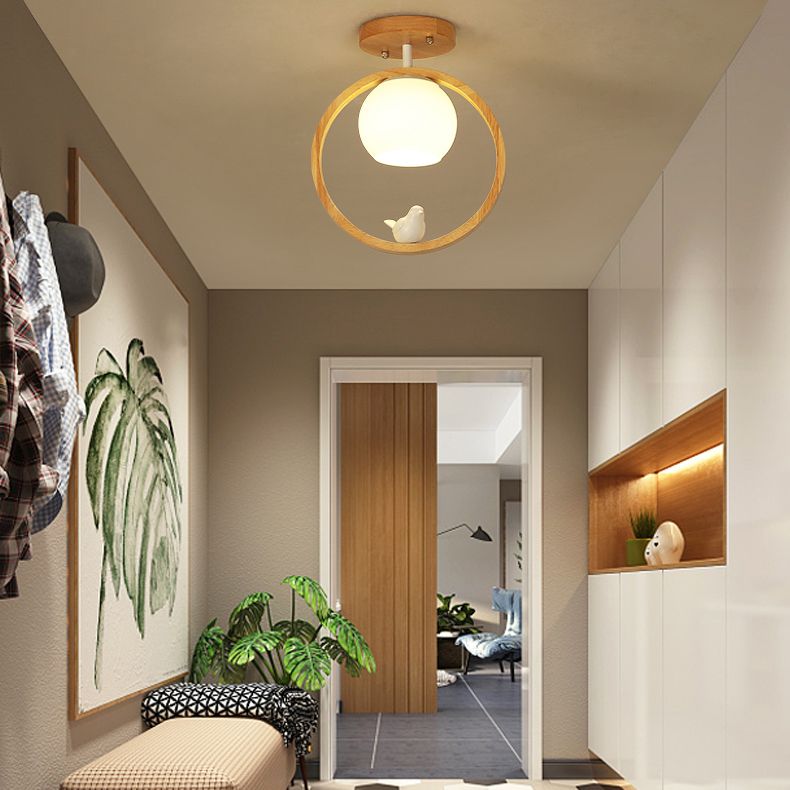 Contemporary Globe Flush Light Fixture Wood 1 Light Flush Mount Ceiling Fixture in Brown