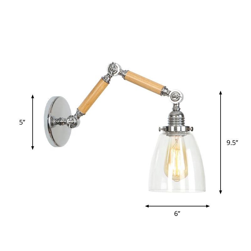 Brown-Silver 1 Bulb Reading Wall Lamp Loft Clear Glass Pear/Saucer/Bell Shade Wall Lighting with Wood 2-Joint Swing Arm