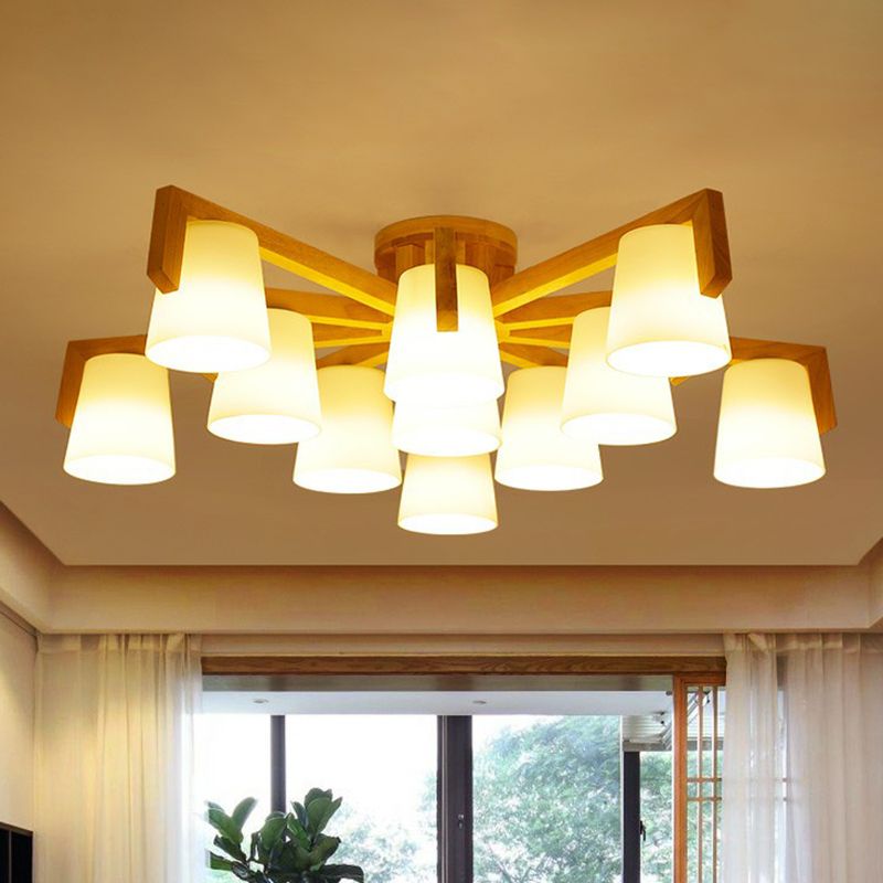 Conic Living Room Semi Flush Ceiling Light Frosted Glass Modern Flush Mount Light in Wood