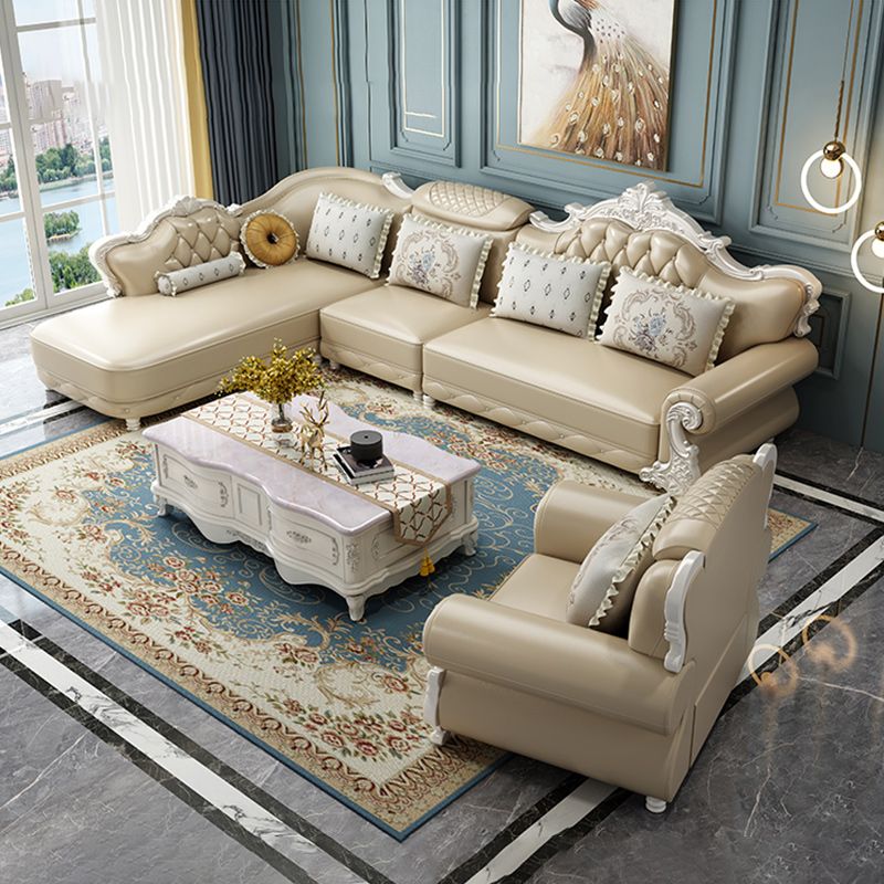 Tufted Scroll Arm Chesterfield Sofa and Chaise Genuine Leather Sofa with Pillows