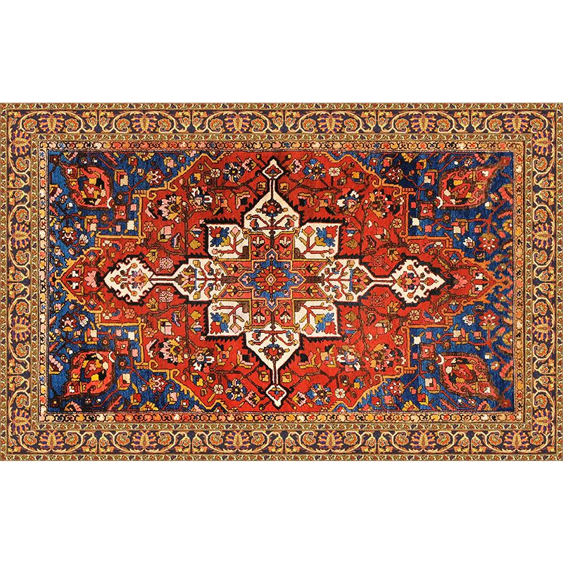 Red Tone Ethnic Print Rug Polyester Moroccan Carpet Non-Slip Backing Indoor Rug for Home Decoration