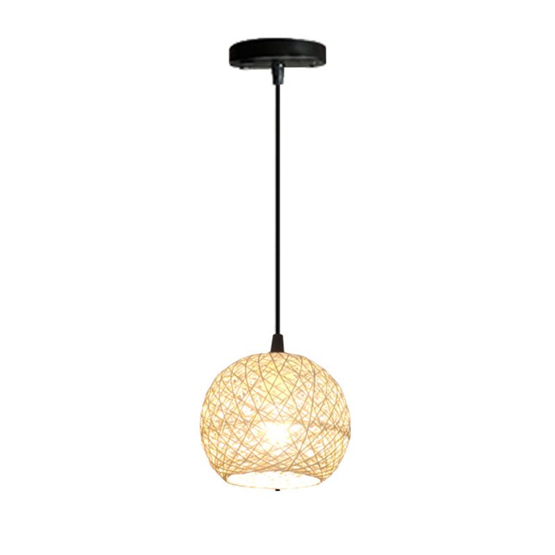 Beige Globe Pendant Lamp Fixture Minimalist Rattan Suspension Light for Dining Room