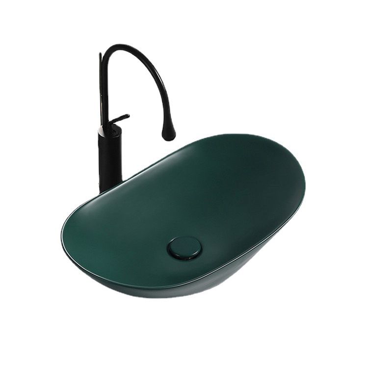 Modern Vessel Bathroom Sink Porcelain Oval with Pop-Up Drain and Faucet Vessel Sink