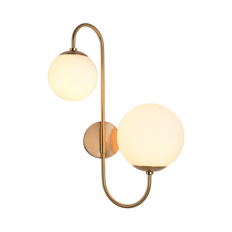 2 Bulbs Armed Sconce Contemporary Metal Wall Lighting Fixture in Gold with Ball Opal Glass Shade