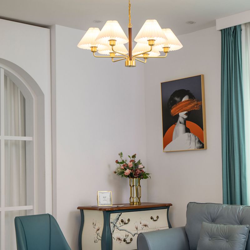 Tapered Hanging Lamp Vintage Walnut Wood Chandelier with Fabric Shade for Bedroom