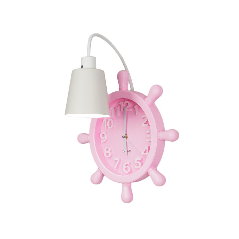 Clock Wall Mounted Light with Rudder Design Kids Metal 1 Light Pink/Blue Finish Wall Lamp Fixture for Bedside