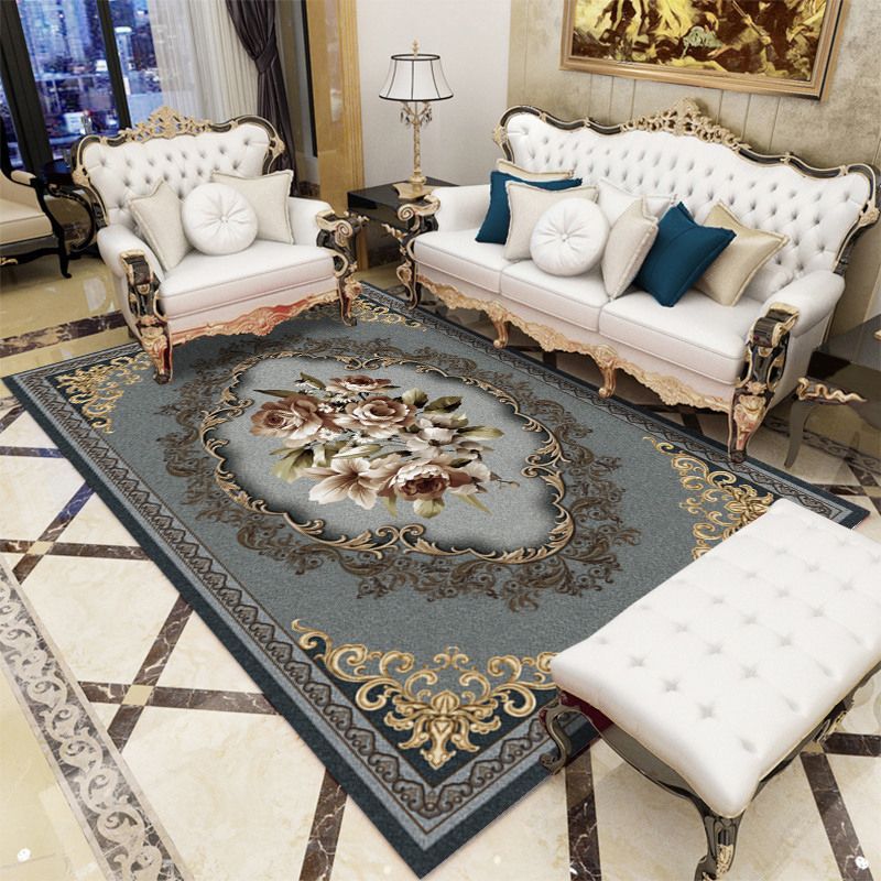 European Living Room Carpet Floral Print Rug Polyester Washable Carpet with Non-Slip Backing