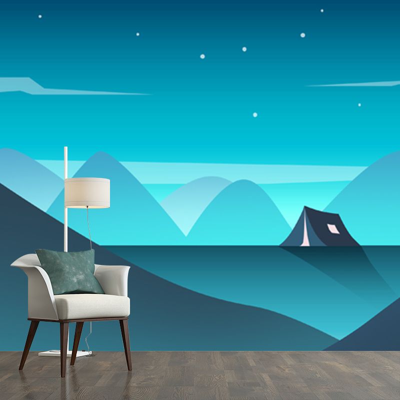 Large Tent in Mountain Mural for Bedroom Night Bright Stars Wall Decor in Aqua, Waterproof