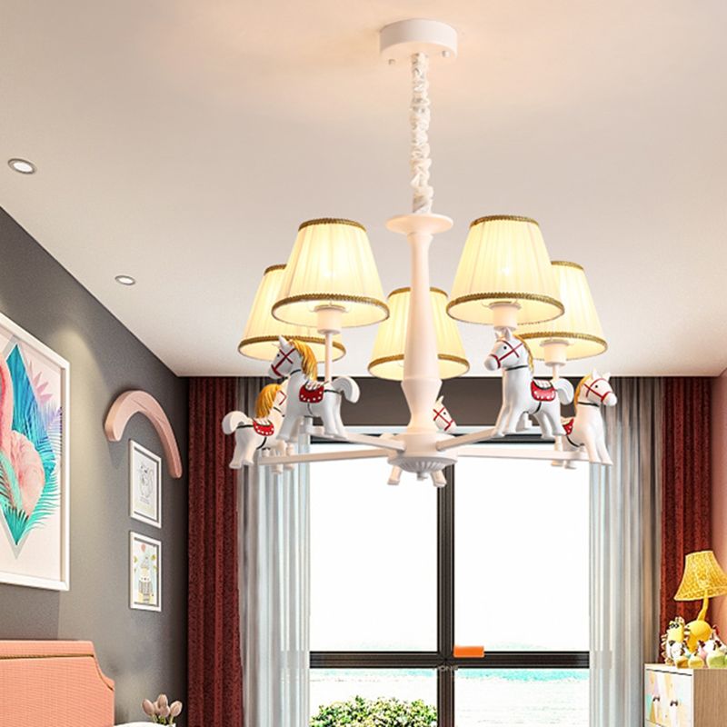 Pleated Fabric Tapered Ceiling Lighting Cartoon White Chandelier Light Fixture with Resin Horse