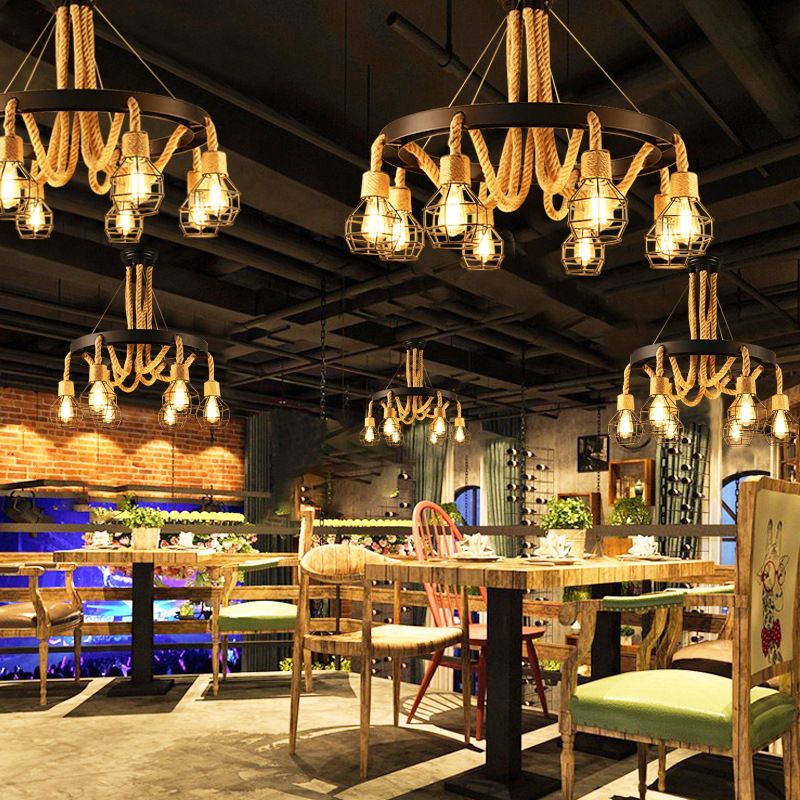 Rope Circular Pendant Light Fixtures Industrial Bar Hanging Chandelier Light