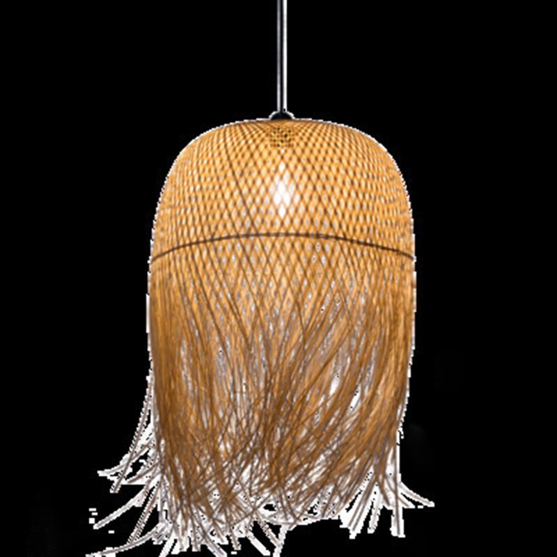 Beige Hand-Woven Pendant Asia Art Deco 1 Bulb Bamboo Hanging Light for Dining Table