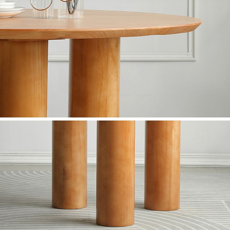 Round Pedestal Contemporary Dining Table Brown Tone Fixed Table of Solid Wood