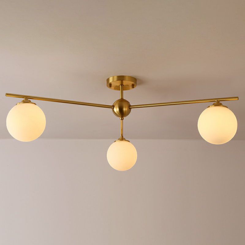 Globe Ceiling Flush Light Simplicity Milk Glass 3-Bulb Antiqued Gold Semi Flush Mount Light