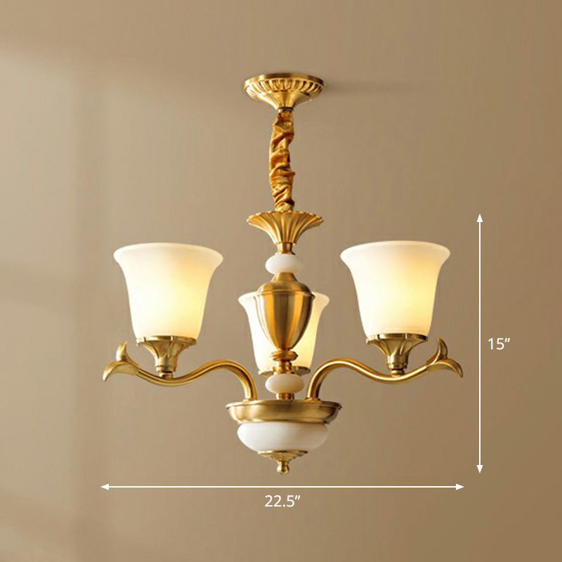 Cream Glass Brass Chandelier Flared Shaped Traditional Style Suspension Light for Dining Room