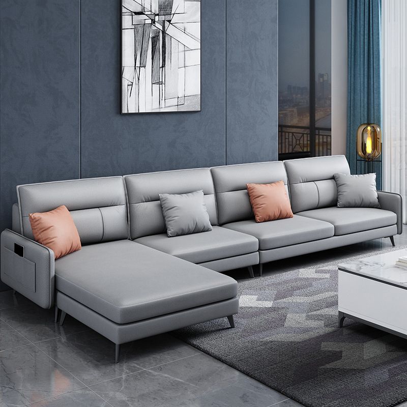 4-seat Sewn Pillow Back Sofa & Chaise Faux Leather Retro Sofa