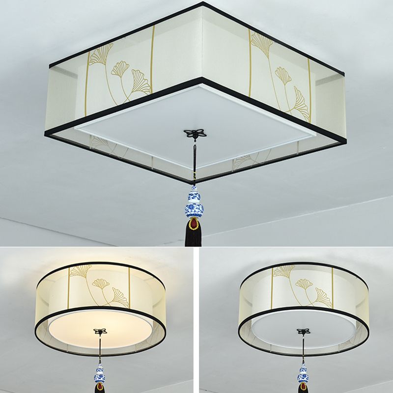 New Chinese Ceiling Light Geometry Shape Ceiling Lamp with Fabric Shade for Bedroom