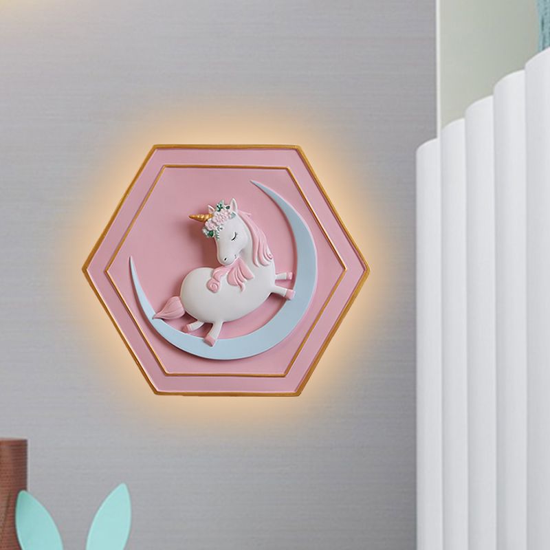 Iluminación de apliques de unicornio rosa con lámpara de pared de la cadena de la cadena de resina LED de dibujos animados de diseño hexágono