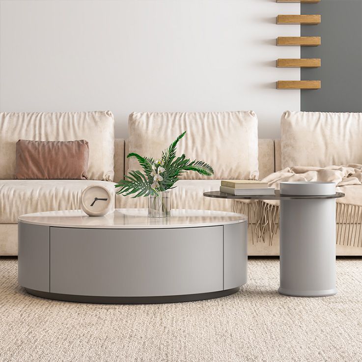 Drum Coffee Table Contemporary Stone Cocktail Table with 2 Storage Drawers