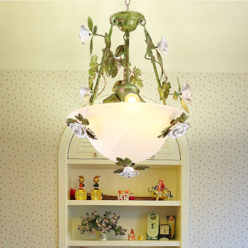 White Glass Bell Shape Pendant Chandelier American Flower Dining Room Hanging Light in Green