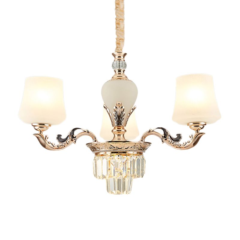 3/6 têtes légère de plafond avec nuance effilée en verre blanc lampe à lustre de chambre à coucher traditionnelle en or