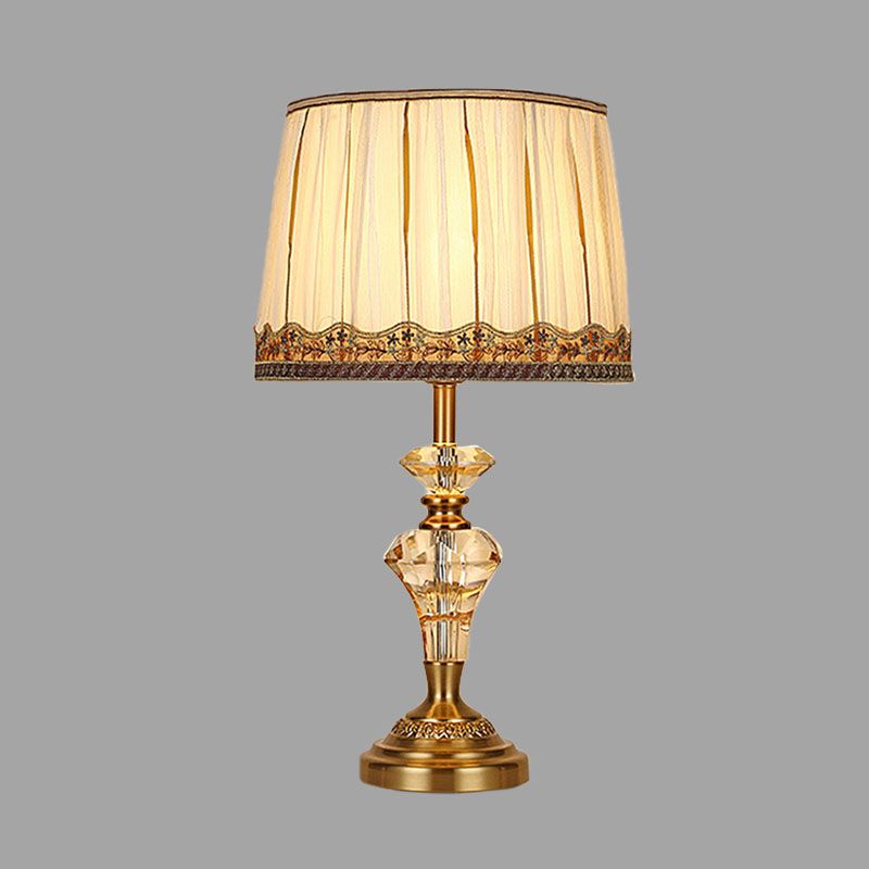 Fabric Beige Table Lamp Tapered Drum 1 Light Minimalism Night Light with Crystal Base