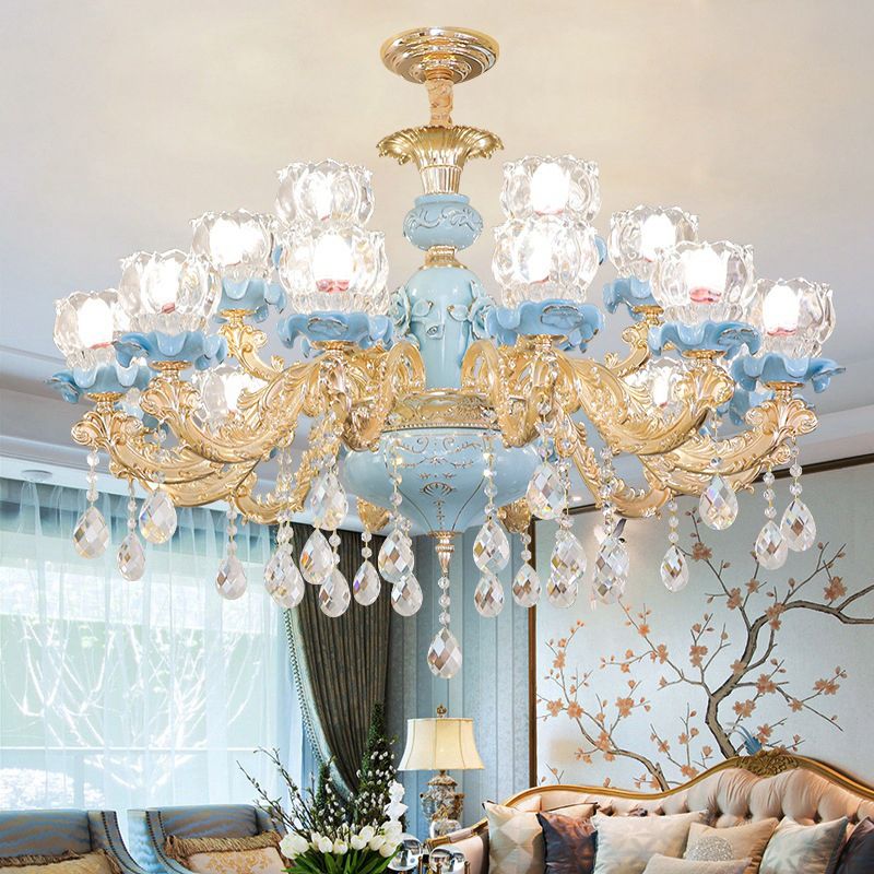 Flower Ribbed Glass Chandelier Lighting Classic Living Room Pendant Light with Crystal Draping in Blue