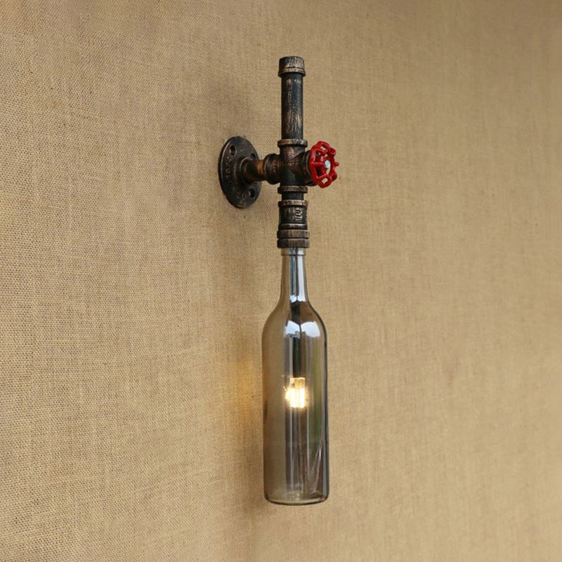 Glass Wine Bottle Wall Lighting Rustic Industrial 1 Light Restaurant Blue/Clear Wall Sconce Light with Red Valve