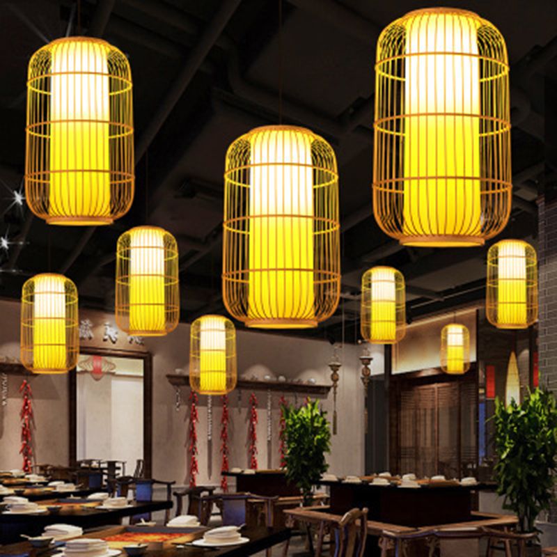 1 Light Lantern Hanging Light Fixtures Japanese Bamboo Ceiling Pendant for Restaurant