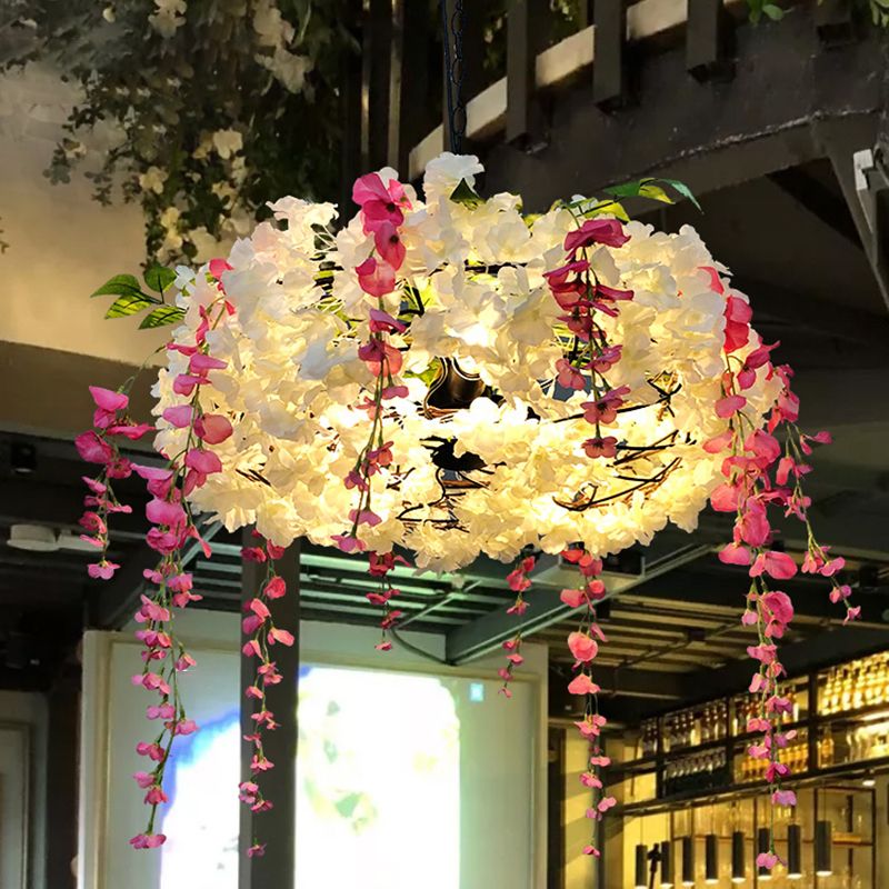 3-Light Round Cage Pendant Lamp Rural Metal Chandelier Light with Artificial Flower