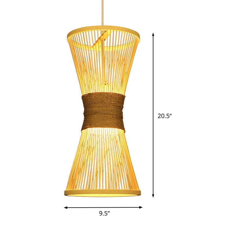 Hourglass Hanging Lamp Asian Style Bamboo Single Bulb Beige Ceiling Pendant Light