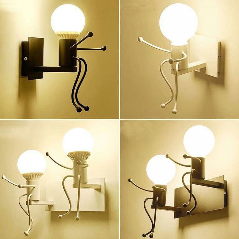 Small Man Metal Wall Sconce Light Art Deco 1/2 Bulb White Mur Mount Light For Kids Room