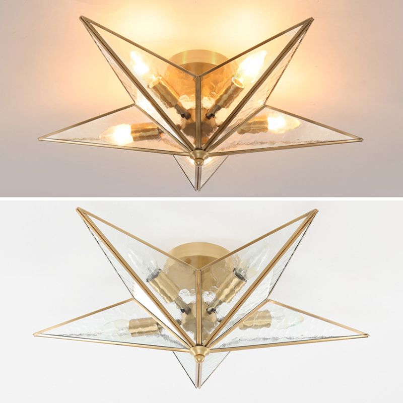 23,6 Zoll breites Pentagramm-Messing Deckenleuchte mit Glasschatten 5 Leichtstoffe Nordische Einfachheitsstil Flush Mount Lampe
