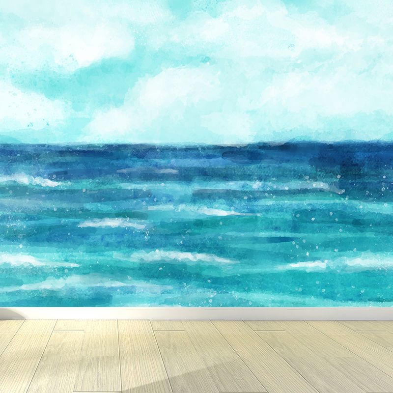 Watercolor Ocean Mural Decal Modern Non-Woven Textured Wall Decor in Light Color