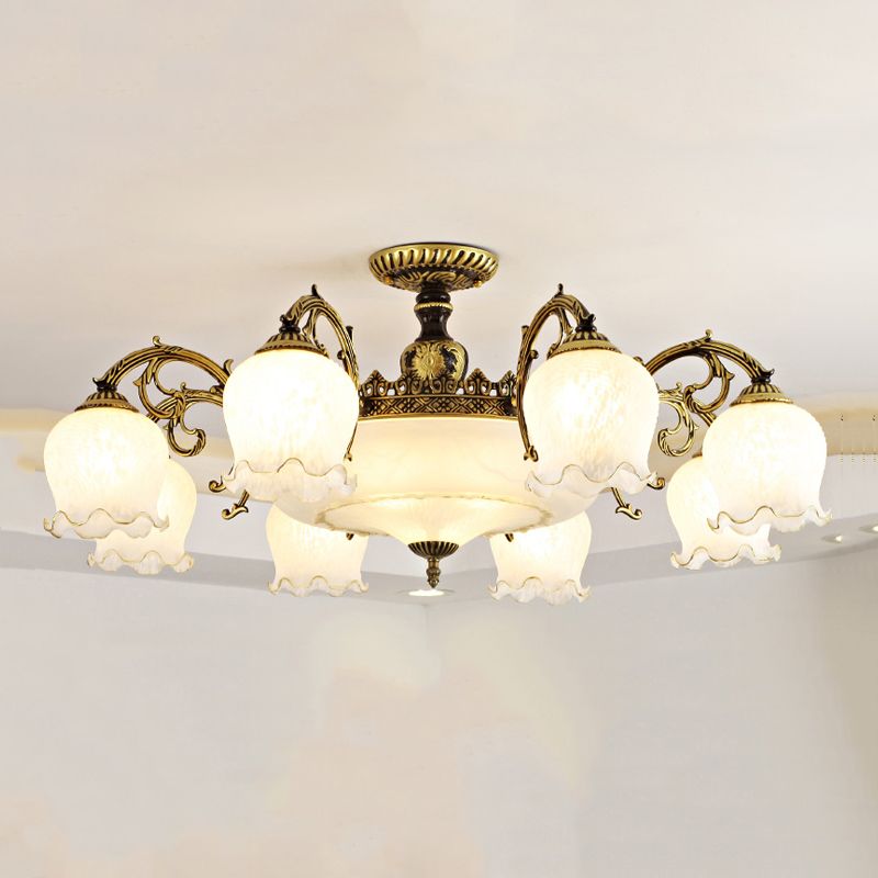 Lámpara semi rascilla de múltiples cabezas iluminación de techo de dormitorio tradicional con sombra de vidrio de flores